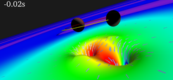 Numerical-relativistic simulation showing two orbiting black holes and the gravitational field.