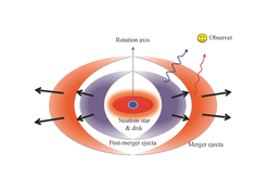 When two neutron stars inspiral and merge, they form an unstable, very massive neutron star. In this process, not only gravitational waves are emitted, but also neutron-rich material is ejected which emits electromagnetic radiation. Eventually relativistic jets can form and emit short gamma-ray bursts.
