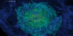 The figure shows a neutron star-neutron star merger which has resulted in a black hole surrounded by an accretion torus. The black sphere in the center represents the black hole, the blue-green region indicates the matter in the accretion torus.